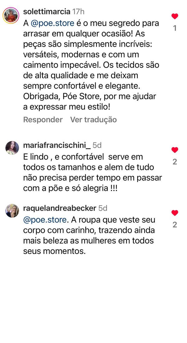 Comentários de clientes: caimento impecável, confortável, serve em todos os tamanhos