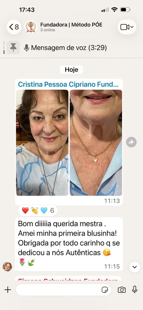 Mensagem da aluna Cristina com fotos vestindo a blusa: Amei minha primeira blusinha