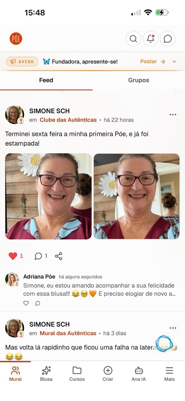 Publicação da aluna Simone no Mural com fotos da blusa estampada pronta